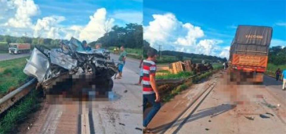 Uma pessoa morre e outra fica ferida em grave acidente envolvendo duas carretas e uma caminhonete