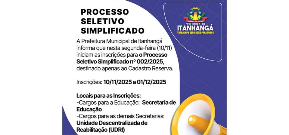 Itanhangá: Já estão abertas as inscrições para teste seletivo do Cadastro Reserva da Prefeitura