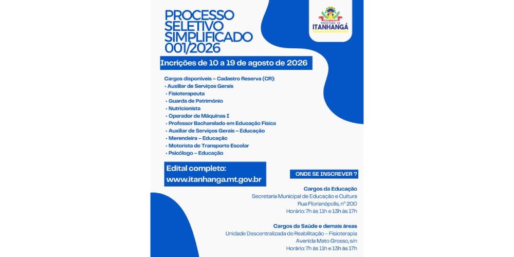 Itanhangá: Prefeitura vai contratar através de Processo Seletivo Simplificado, veja como se inscrever