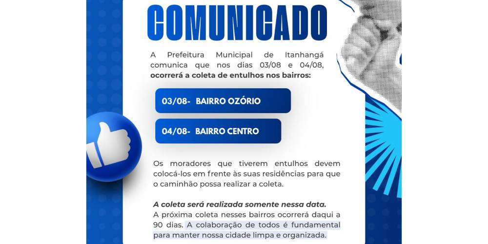 Itanhangá: Recolhimento de entulhos será no Bairro Osório e Centro, na próxima segunda e terça-feira
