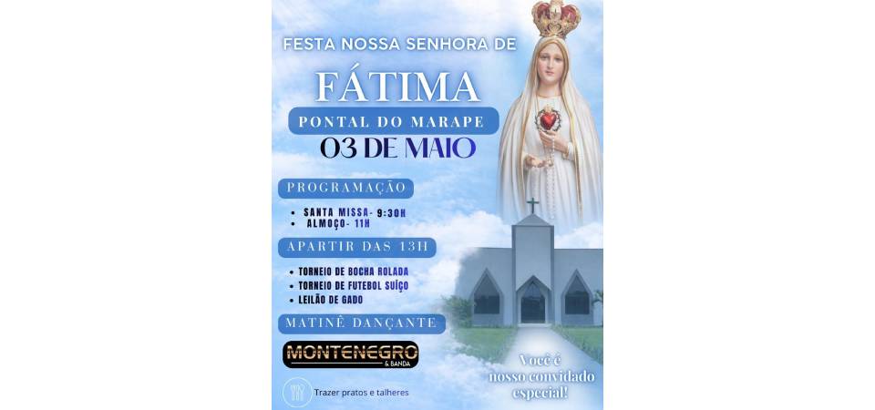 Dia 3 de maio tem festa de Nossa Senhora de Fátima no Pontal Do Marapê. Vídeo