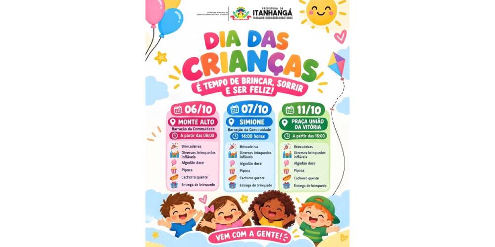 Itanhangá: Prefeitura prepara três eventos para comemorar o "Dia Das Crianças"