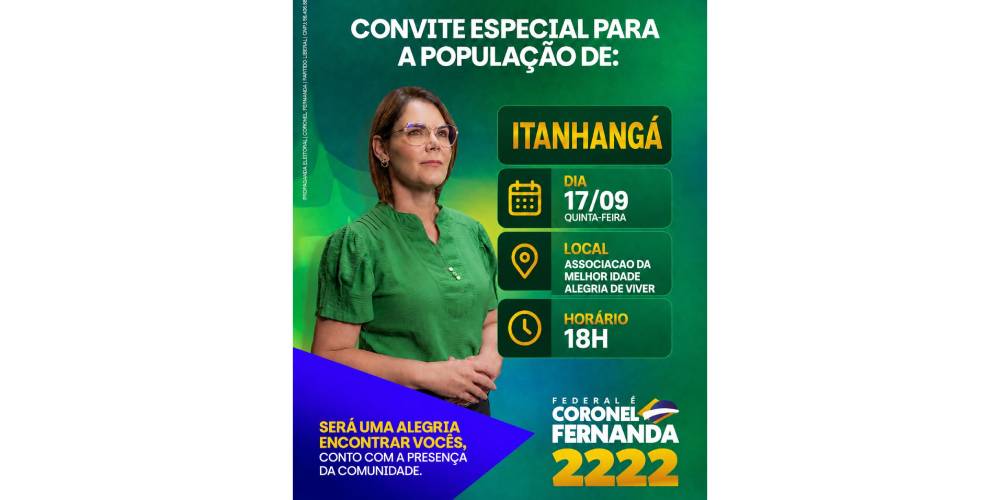 Itanhangá: Deputada Coronel Fernanda estará hoje, 17/09, no Clube Da Melhor Idade