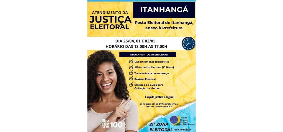 Itanhangá: Cartório Eleitoral vai atender em dias e horários diferenciados para atender a população