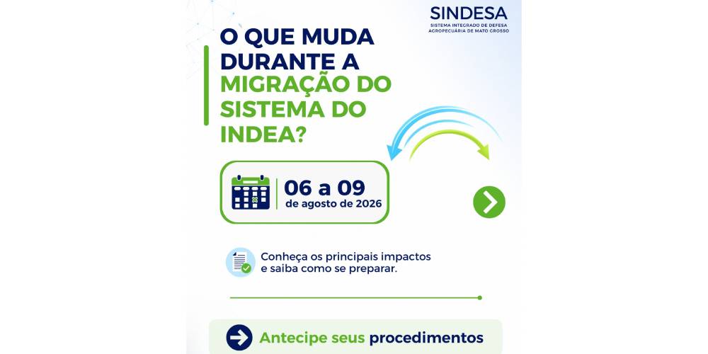 Sistema do INDEA vai estar idisponível de 06 a 09 de agsto