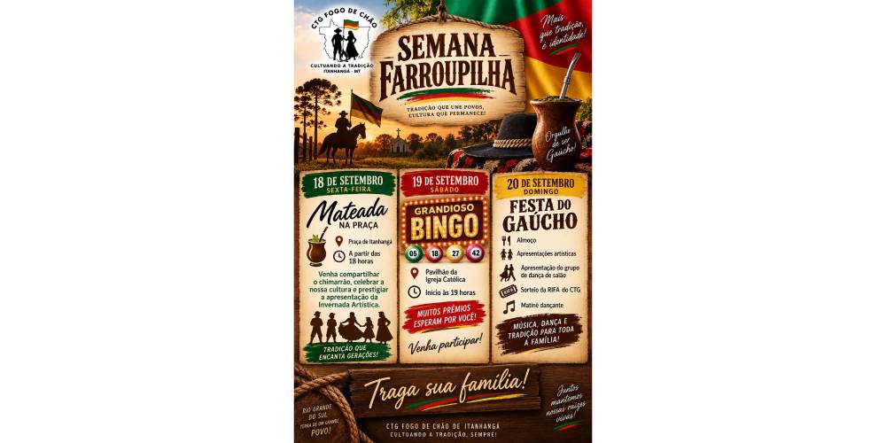 Itanhangá: Semana Farroupilha começa nesta sexta-feira com programação especial do CTG Fogo de Chão
