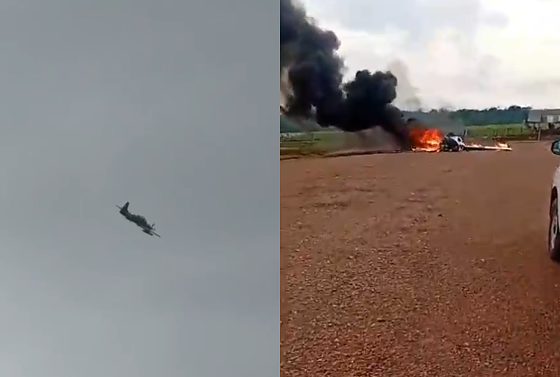 Avião de pequeno porte cai e pega fogo em pista de Fazenda. Video
