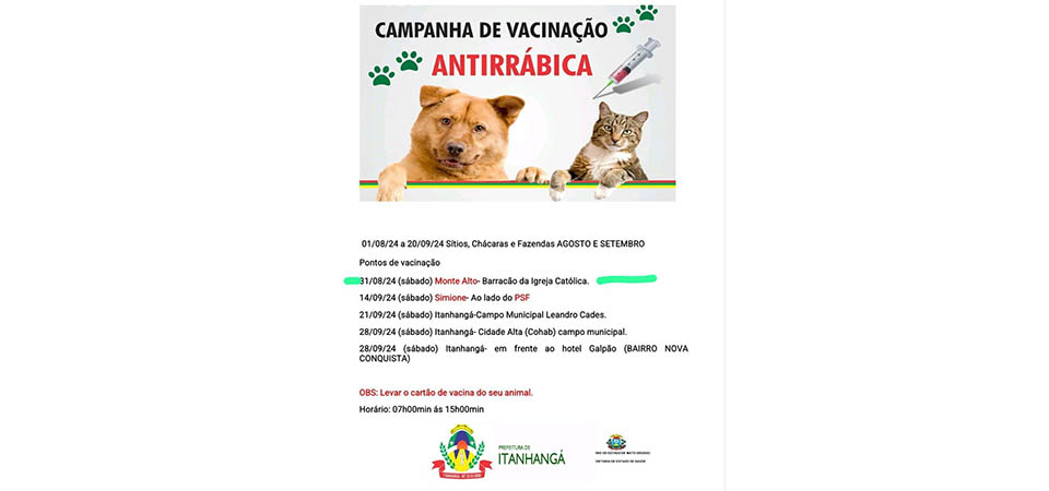 Itanhangá: Secretaria De saúde realiza campanha de vacinação antirrábica