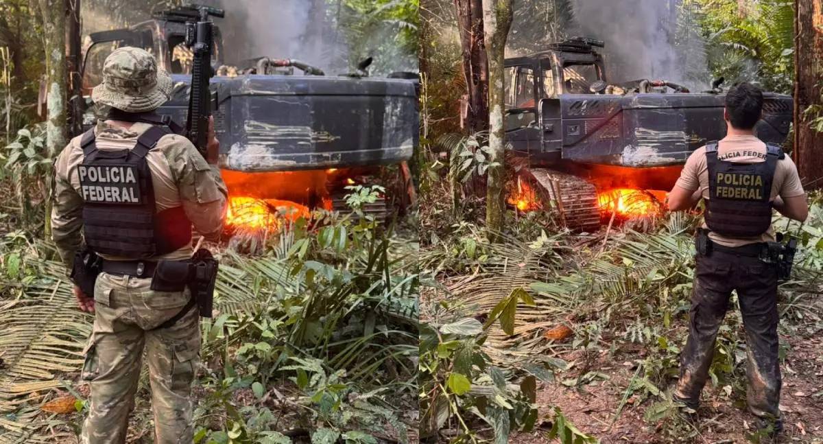 PF e Ibama destroem escavadeiras, caminhonete e motos em garimpo entre Mato Grosso e Rondônia