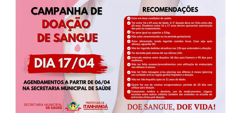 Itanhangá: Secretaria De Saúde convoca doadores de sangue para fazer doação