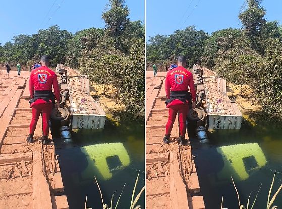 Motorista morre após caminhão cair de ponte e ficar submerso em rio