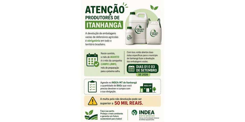 Itanhangá: INDEA alerta produtores para devolução obrigatória de embalagens de defensivos agrícolas