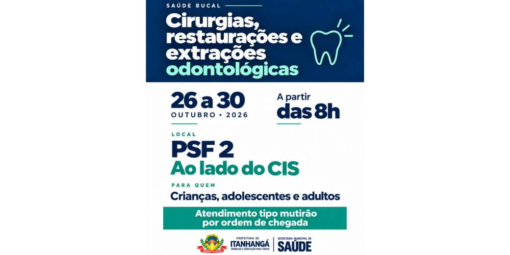 Itanhangá realiza mutirão de atendimentos odontológicos de 26 a 30 de outubro