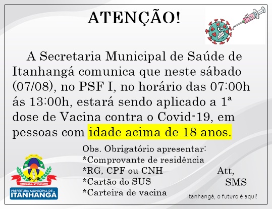 Itanhangá: Maiores de 18 anos podem se vacinar contra o covid