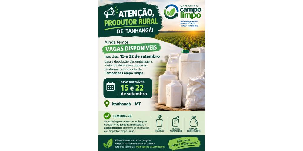 Itanhangá: Produtores rurais devem agendar devolução de embalagens vazias de defensivos agrícolas