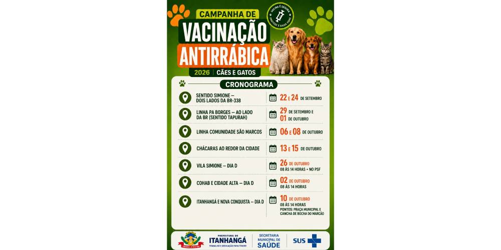 Itanhangá: Secretaria De Saúde divulga novo calendário da vacinação antirrábica para cães e gatos